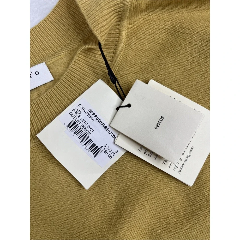 $370 Sandro Paprika Fringed Sweater Curry Womens Size 3 Large Wool Cashmere - Picture 4 of 8